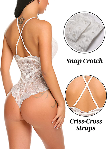 Avidlove Women Snap Crotch Lingerie Sexy Lace Bodysuit Deep V Teddy One Piece Lace Babydoll Apparel & Accessories > Clothing > Underwear & Socks > Lingerie Kylie Max   