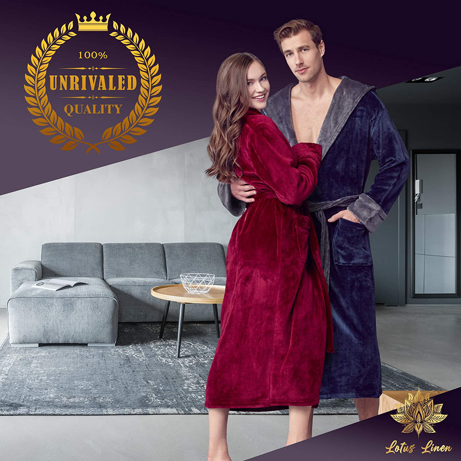 LOTUS LINEN Mens Plush Robe, Soft Hooded Long Robes for Men, Luxury Mens Bathrobes Apparel & Accessories > Clothing > Sleepwear & Loungewear > Robes Kylie Max   