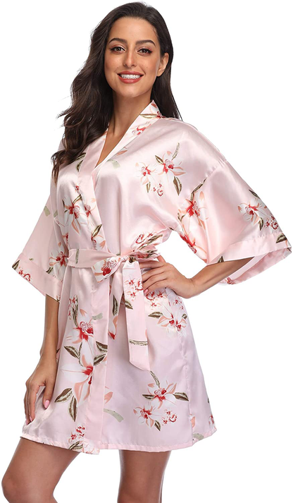 Season Dressing Women Floral Robes Bridesmaids Short Satin Kimono Sleepwear for Wedding Party Apparel & Accessories > Clothing > Sleepwear & Loungewear > Robes season dressing Light Pink Large 