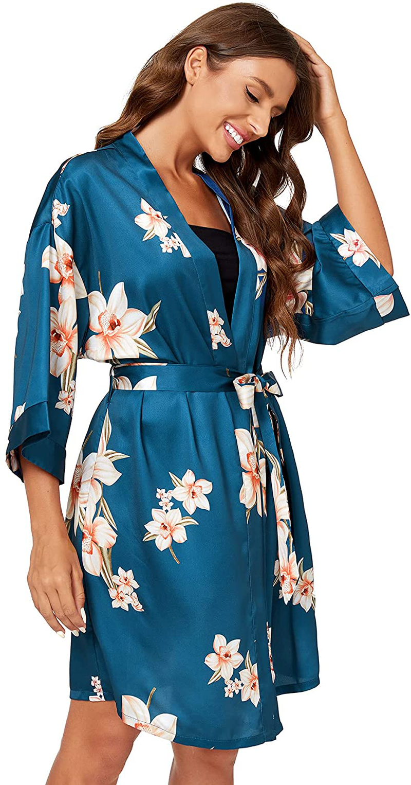 Floerns Women'S Bridesmaid Satin Kimono Oblique V Neck Bathrobe Robes Apparel & Accessories > Clothing > Sleepwear & Loungewear > Robes Floerns Navy Blue Large 