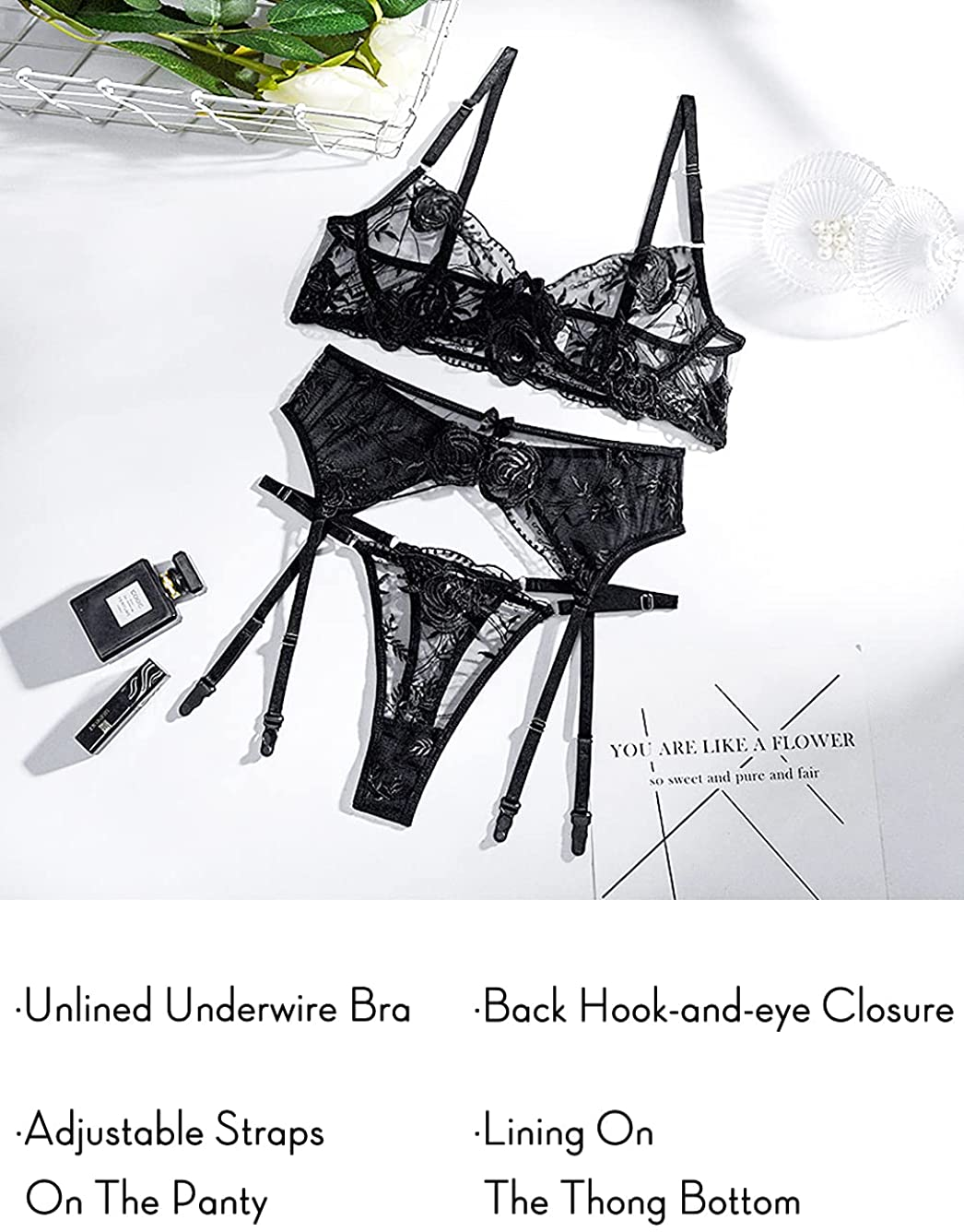 Kaei&Shi Floral Embroidered Mesh Sheer,Underwire Satin Bow,High Cut Thong,Belt Garter Lingerie Apparel & Accessories > Clothing > Underwear & Socks > Lingerie Kaei&Shi   
