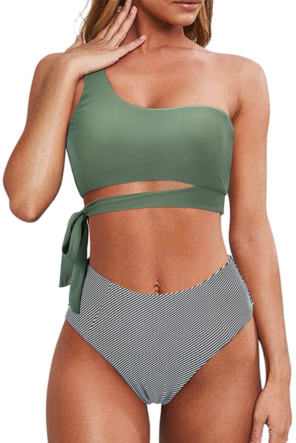 MOOSLOVER Women One Shoulder High Waisted Bikini Tie High Cut Two Piece Swimsuits Apparel & Accessories > Clothing > Swimwear MOOSLOVER Army Green-stripe Large 