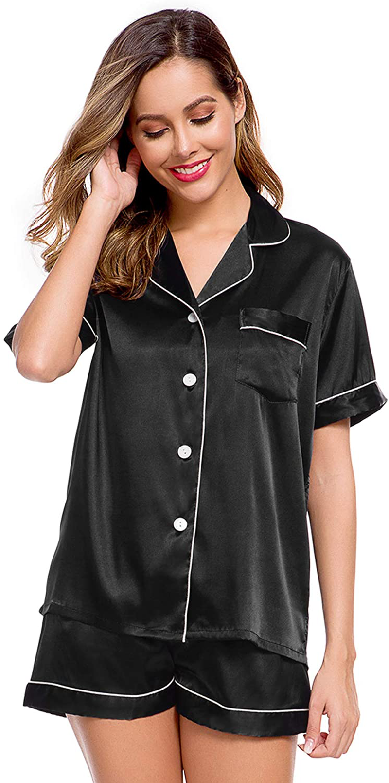 Lecgee Womens Silk Satin Pajamas Short Sleeve Loungewear Two-Piece Sleepwear Button-Down Pj Set Apparel & Accessories > Clothing > Sleepwear & Loungewear > Pajamas Kylie Max   