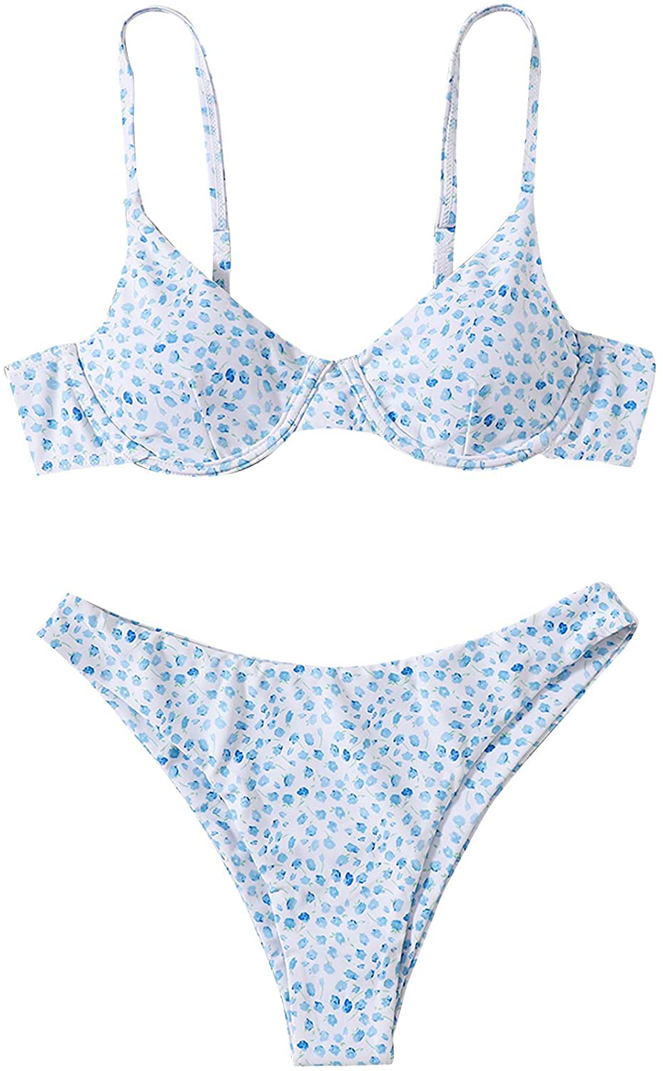 SweatyRocks Women's Sexy Bathing Suits Spaghetti Strap Floral Bikini Set Underwire Swimsuit Apparel & Accessories > Clothing > Swimwear SweatyRocks Floral White Blue Large 