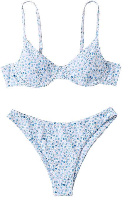 SweatyRocks Women's Sexy Bathing Suits Spaghetti Strap Floral Bikini Set Underwire Swimsuit Apparel & Accessories > Clothing > Swimwear SweatyRocks Floral White Blue Large 