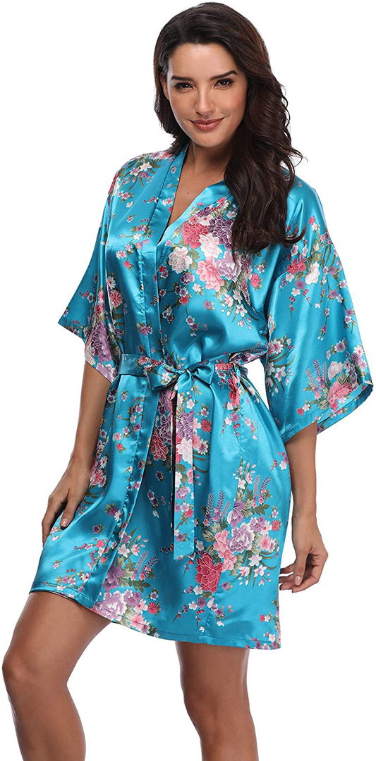 Women'S Floral Bride Bridesmaids Robe Satin Wedding Kimono Bridal Dressing Gown Sleepwear Apparel & Accessories > Clothing > Sleepwear & Loungewear > Robes Mignon Cromwell Turquoise Small-Medium 