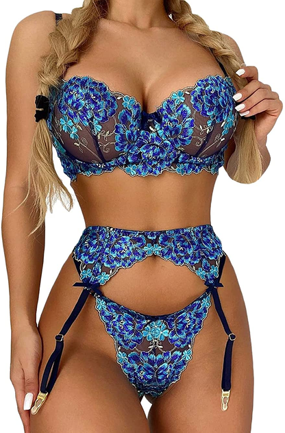 Garter Lingerie for Women,Sexy Lace Lingerie,Sheer Matching 3 Piece Lingerie Set Apparel & Accessories > Clothing > Underwear & Socks > Lingerie Kaei&Shi Blue 8-10 