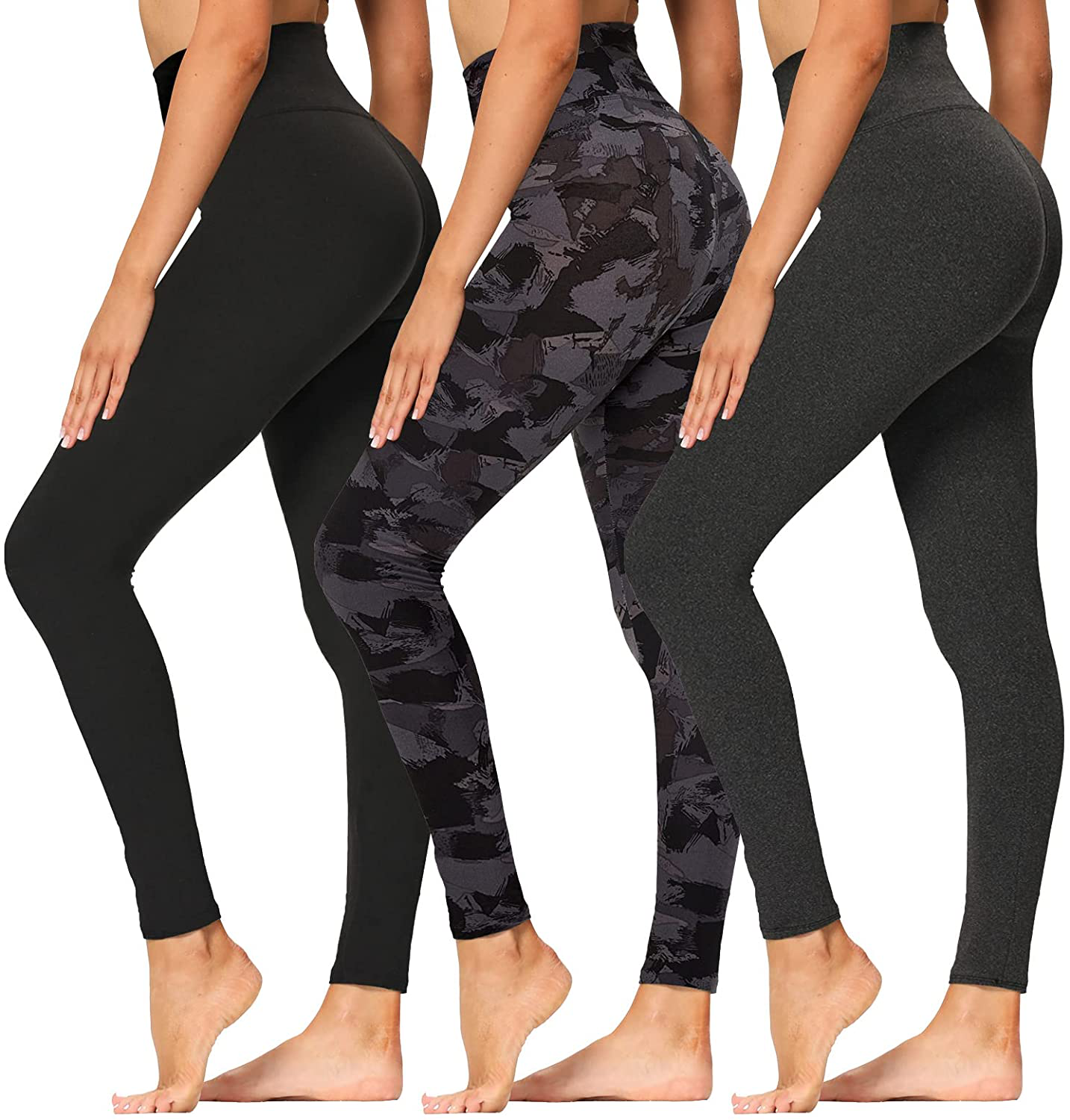 High Waisted Leggings for Women - Soft Athletic Tummy Control Pants for Running Cycling Yoga Workout - Reg & Plus Size Apparel & Accessories > Clothing > Activewear syrinx 3 Pack Black, Black Print, Heather Grey Small-Medium 