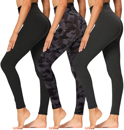 High Waisted Leggings for Women - Soft Athletic Tummy Control Pants for Running Cycling Yoga Workout - Reg & Plus Size Apparel & Accessories > Clothing > Activewear syrinx 3 Pack Black, Black Print, Heather Grey Small-Medium 