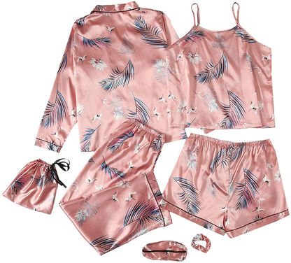 Shein Women'S 7Pcs Printed Cami and Shorts Satin Pajama Set with Shirt and Eye Mask Apparel & Accessories > Clothing > Sleepwear & Loungewear Kylie Max   