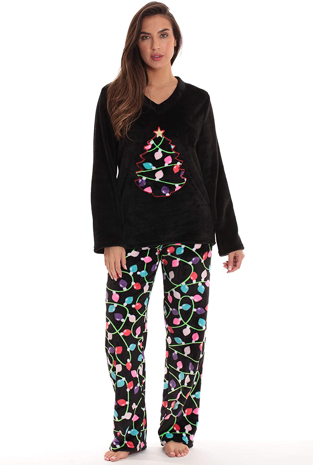 Just Love Plush Pajama Sets for Women Apparel & Accessories > Clothing > Sleepwear & Loungewear > Pajamas Just Love Black - Christmas Lights Medium 
