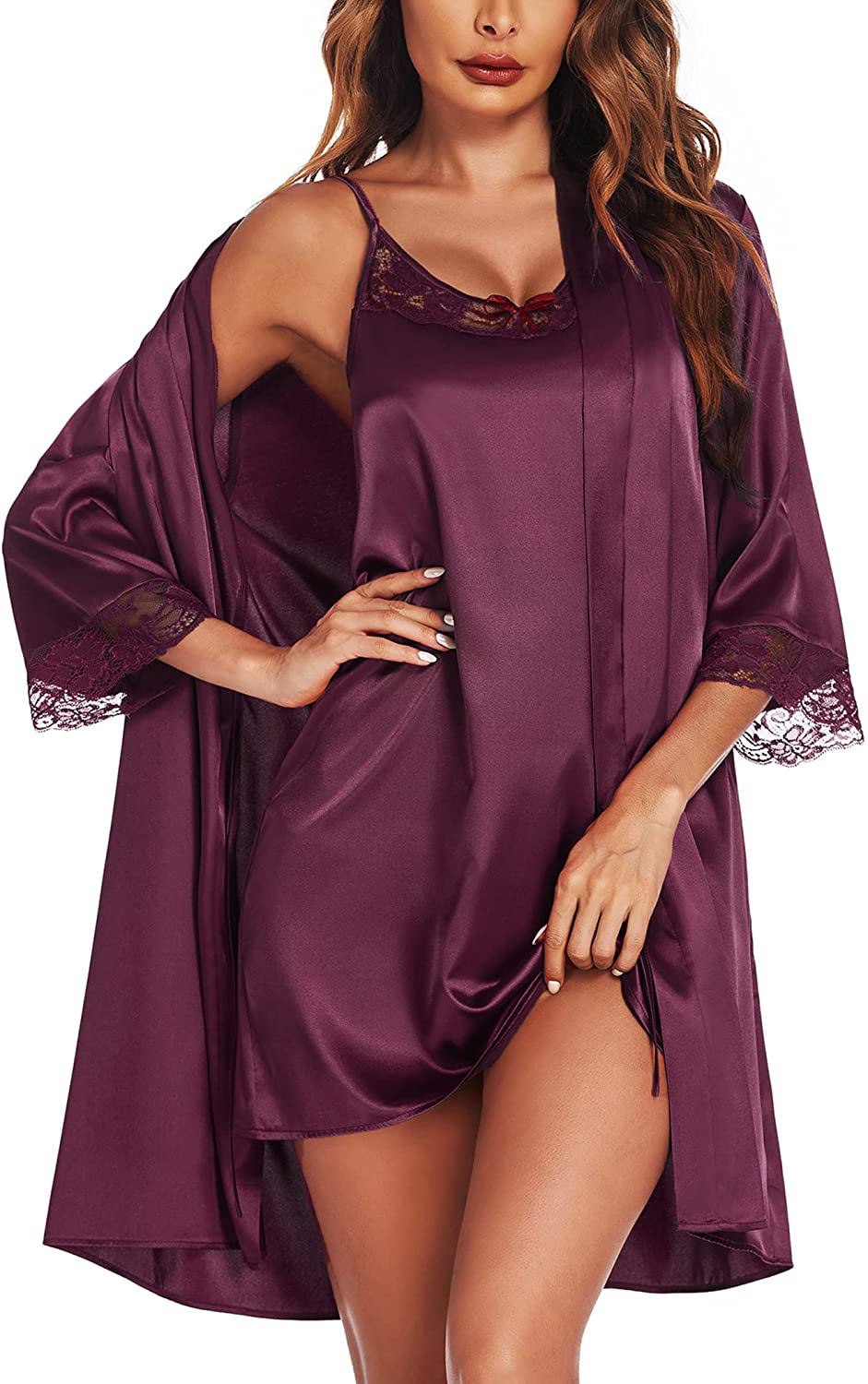 Ekouaer Satin Robes Set Women'S Silk Nightgown 2 Piece Sleepwear Sexy Lace Cami Nightwear Apparel & Accessories > Clothing > Sleepwear & Loungewear > Robes Ekouaer Cherry Red Medium 