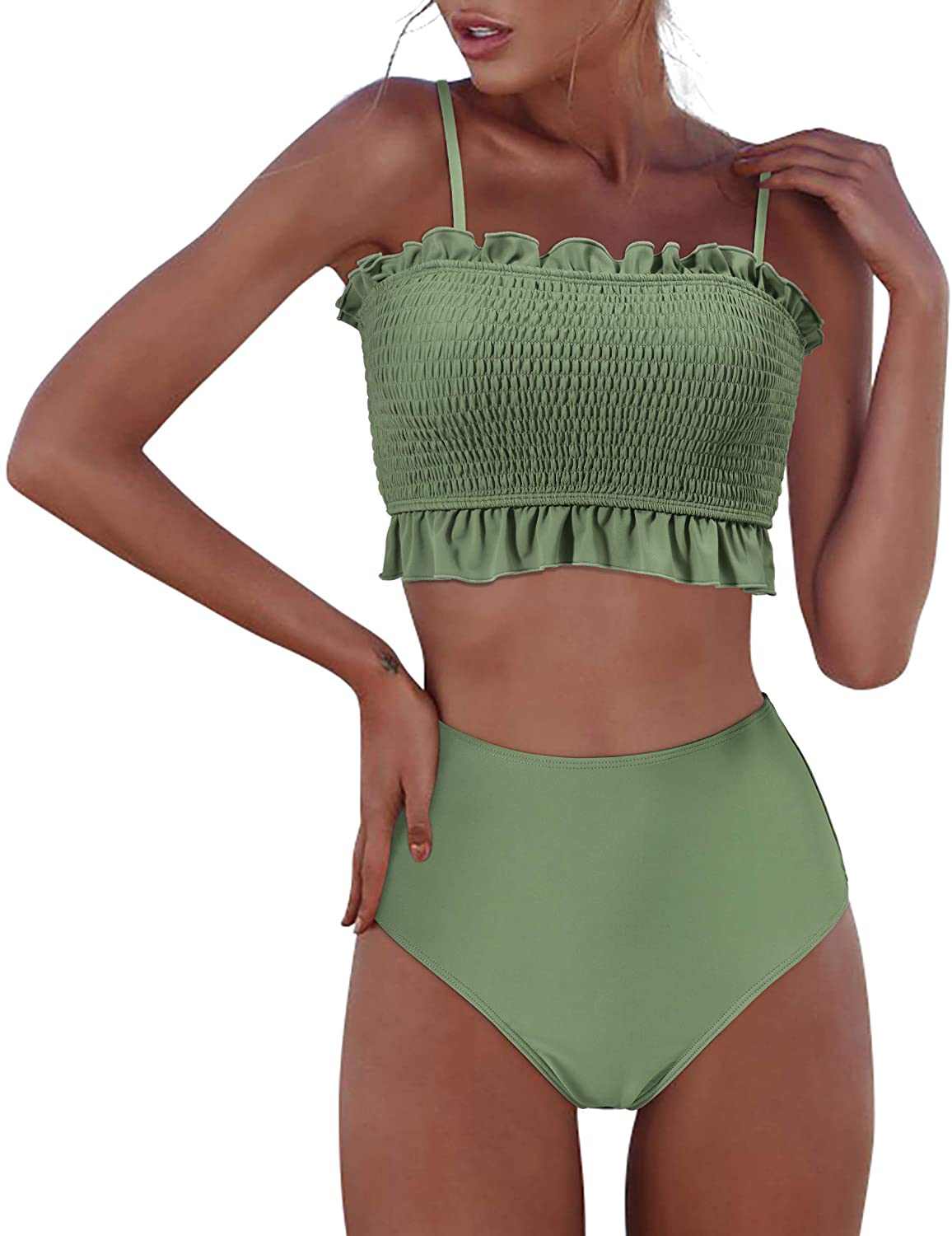 RXRXCOCO Womens Shirred Bandeau Bikini Cute Two Piece Swimsuit Off Shoulder High Waist Bathing Suit Apparel & Accessories > Clothing > Swimwear RXRXCOCO Army Green-1 Medium 