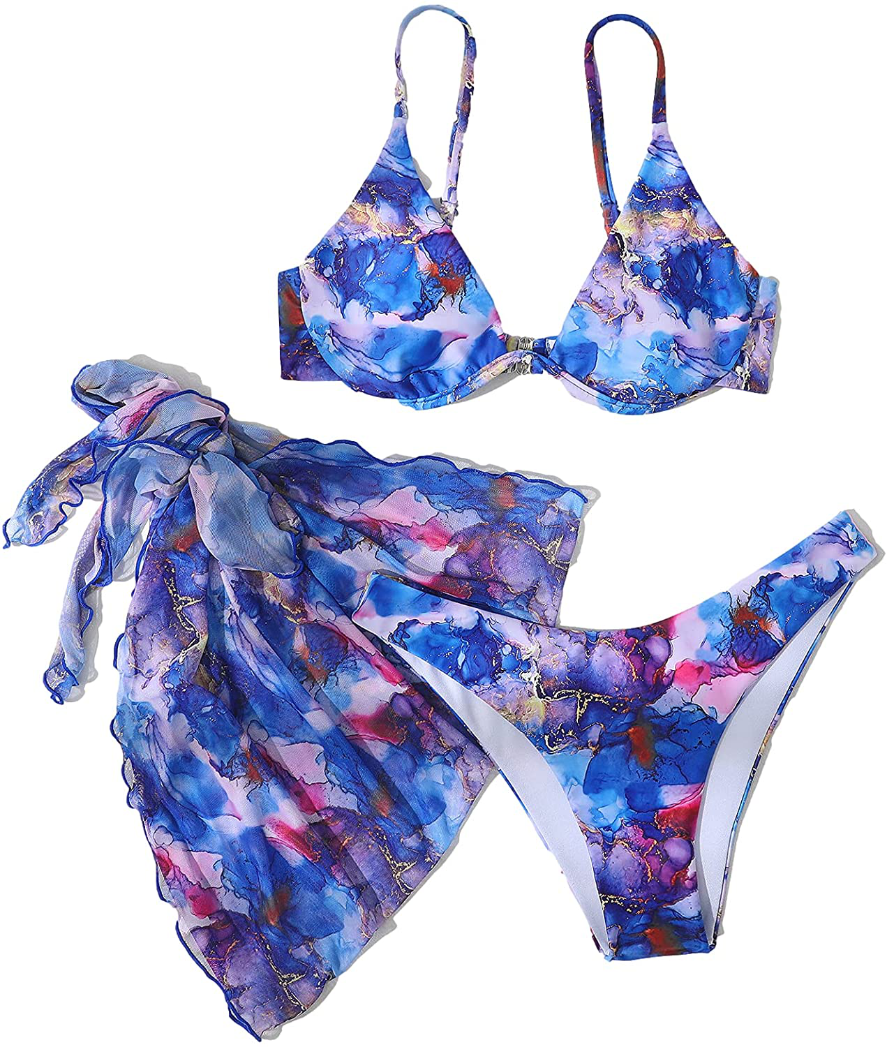 SheIn Women's 3 Piece Tie Dye Underwire Bikini Set Swimsuit and Cover Up Beach Skirt Apparel & Accessories > Clothing > Swimwear SheIn   