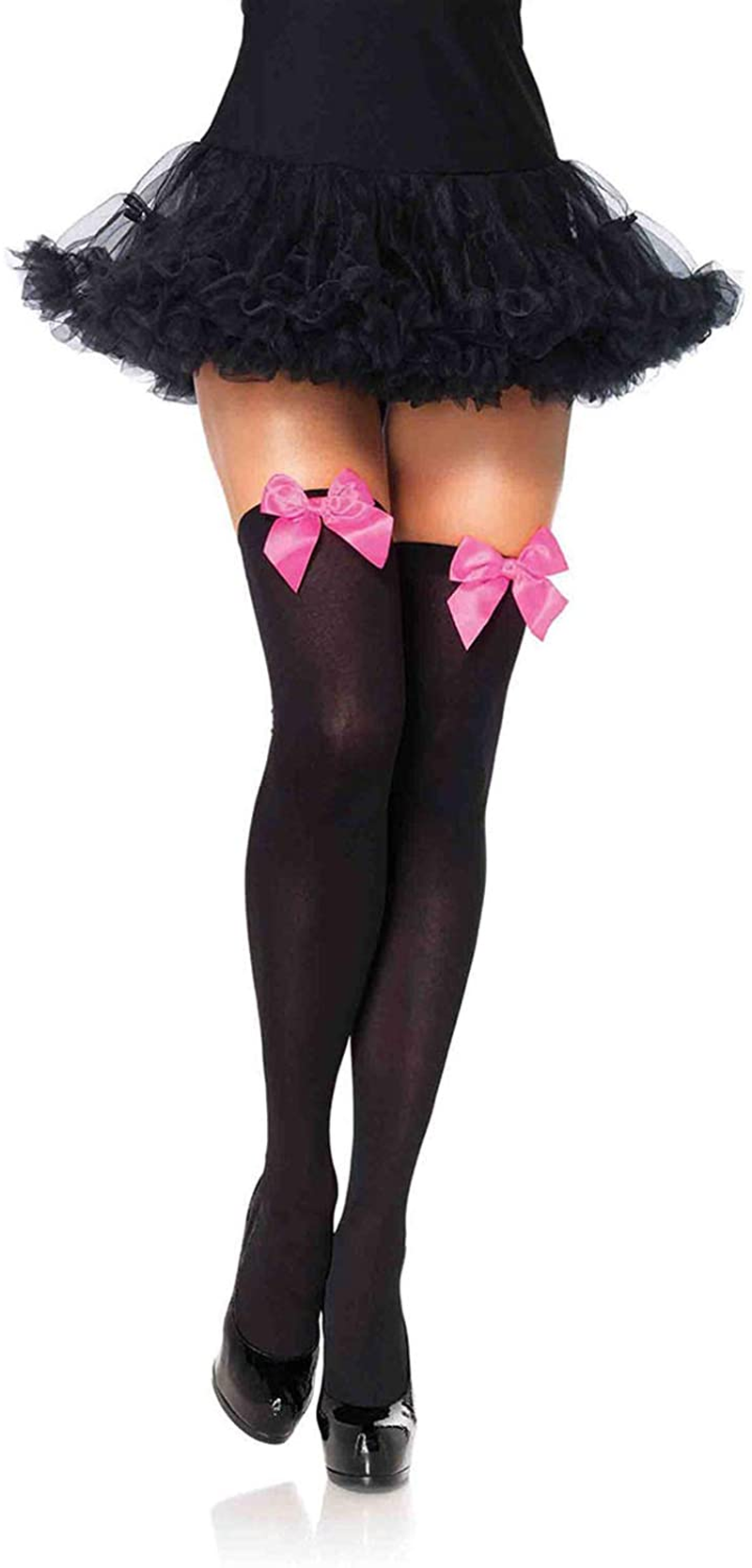 Leg Avenue Women'S Satin Bow Accent Thigh Highs Apparel & Accessories > Clothing > Underwear & Socks > Shapewear Leg Avenue Black/Neon Pink One Size 