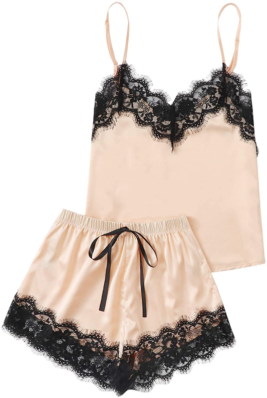 Makemechic Women'S Lace Satin Sleepwear Cami Top and Shorts Pajama Set Apparel & Accessories > Clothing > Sleepwear & Loungewear Kylie Max   
