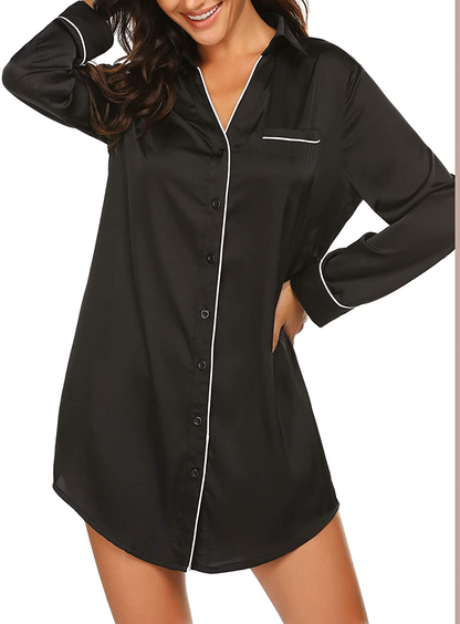 Ekouaer Women'S Long Sleeve Satin Sleepshirt Button down Nightgowns Silk Nightshirt Pajama Top Sleepwear S-XXL Apparel & Accessories > Clothing > Sleepwear & Loungewear > Nightgowns Kylie Max   