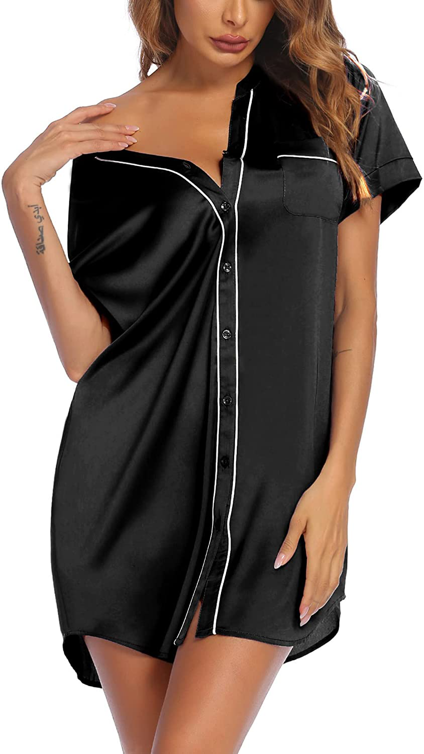 Ekouaer Women’S Silk Satin Nightgowns Sexy Sleepshirt Button down Sleep Dress Short Sleeve Nightshirt V-Neck Sleepwear Apparel & Accessories > Clothing > Sleepwear & Loungewear > Nightgowns Kylie Max   