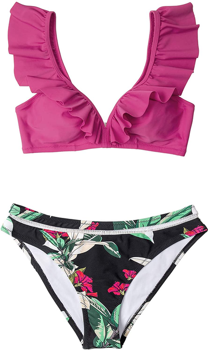 CUPSHE Women's Orange Floral Bottom Ruffle Hook Closure Bikini Set Apparel & Accessories > Clothing > Swimwear CUPSHE   