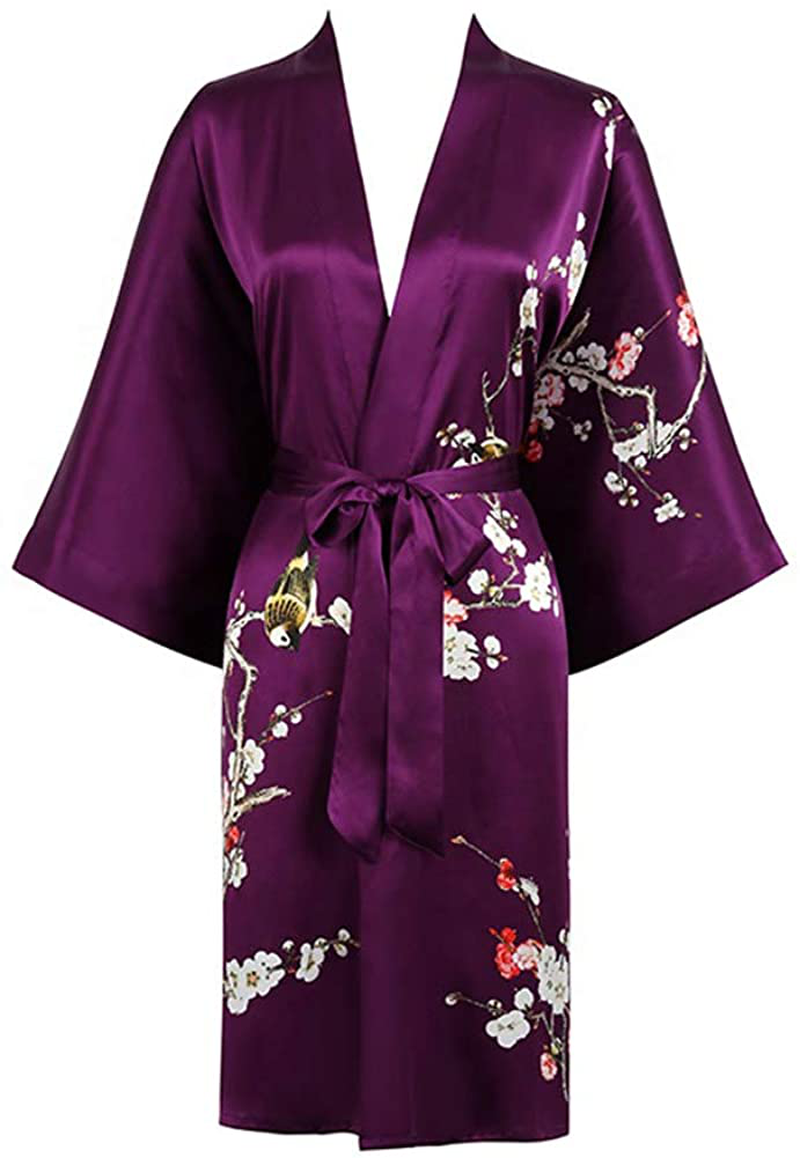 Grace Silk 100% Silk Short Robe Kimono Apparel & Accessories > Clothing > Sleepwear & Loungewear > Robes Grace Scarves Plum Blossoms, Purple  