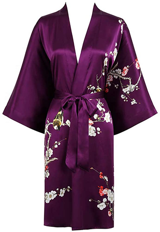 Grace Silk 100% Silk Short Robe Kimono Apparel & Accessories > Clothing > Sleepwear & Loungewear > Robes Grace Scarves Plum Blossoms, Purple  