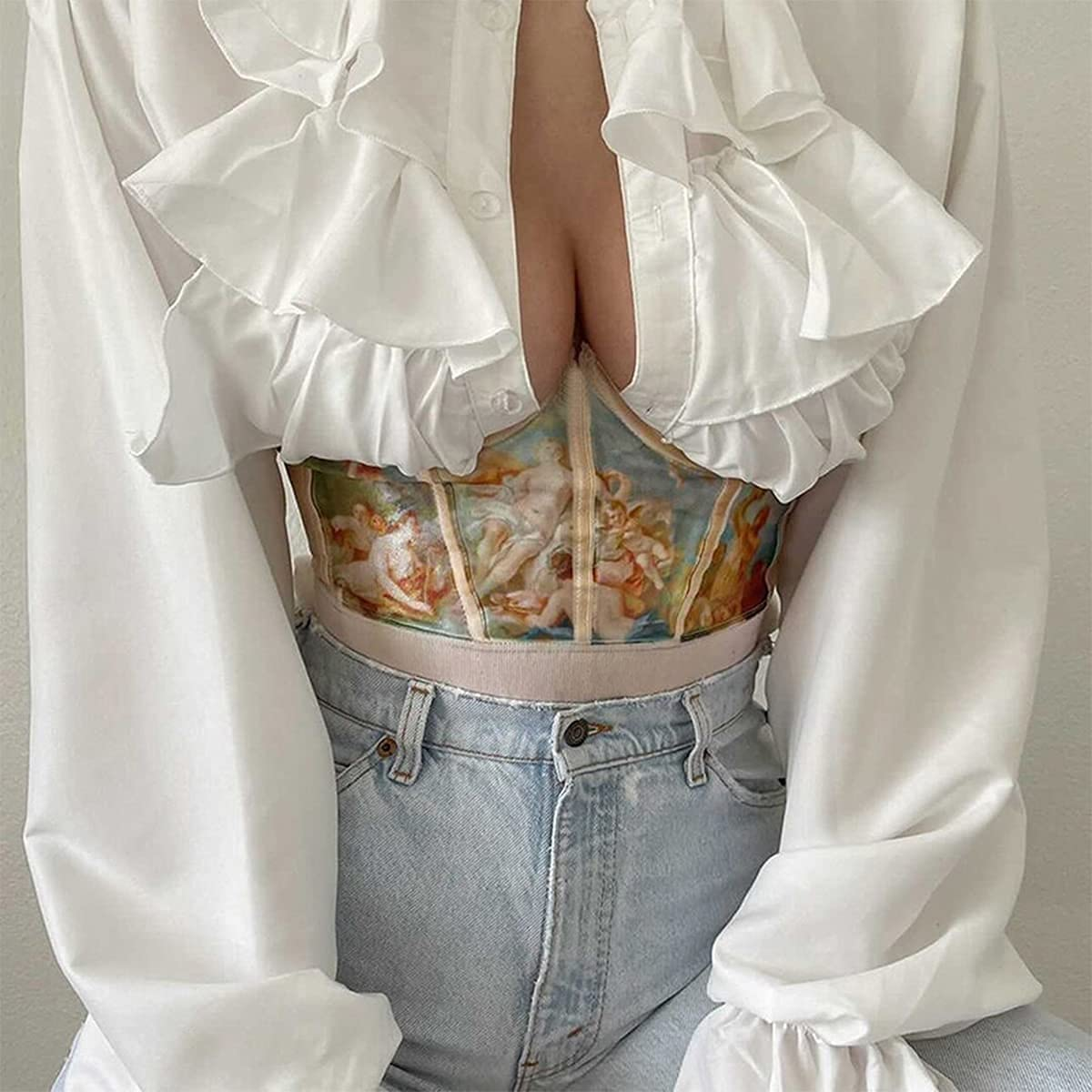 Meladyan Women Push up Corset Satin Oil Painting Print Overbust Waist Bonded Bustier Strapless Cincher Tube Top Apparel & Accessories > Clothing > Underwear & Socks > Lingerie Meladyan   