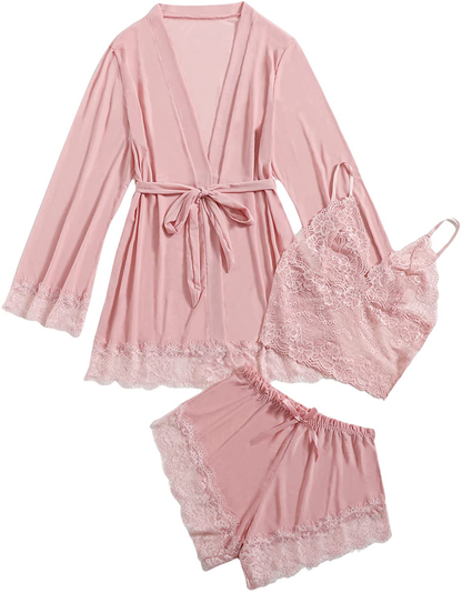 SOLY HUX Women'S 3 Piece Contrast Lace Sleepwear Cami Top and Shorts Pajama Set with Belted Robe Apparel & Accessories > Clothing > Sleepwear & Loungewear Kylie Max   