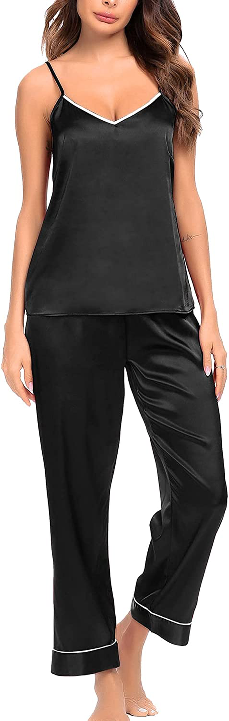 SWOMOG Womens Silk Satin Pajamas Set Two-Piece Pj Sets Cami Top and Capris Pants Sleepwear Apparel & Accessories > Clothing > Sleepwear & Loungewear Kylie Max   