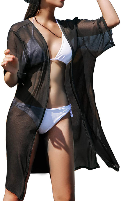 LA CARRIE Women'S Chiffon Kimono Cardigan Cover up with Half Sleeve Summer Sheer Beachwear Swimsuit for Bikini Apparel & Accessories > Clothing > Swimwear Kylie Max   