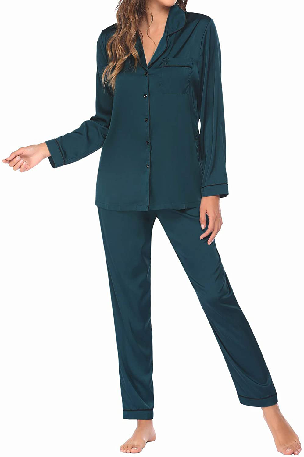 Ekouaer Satin Pajamas Women’S Long Sleeve Sleepwear Silk Soft Button down Loungewear Pjs Set S-XXL Apparel & Accessories > Clothing > Sleepwear & Loungewear > Pajamas Kylie Max   