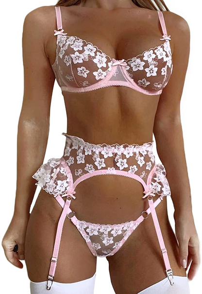 Kaei&Shi Garter Lingerie for Women,Underwire Embroidered Sexy Lingerie,Ruffle 3 Piece Lingerie Set Apparel & Accessories > Clothing > Underwear & Socks > Lingerie Kaei&Shi   