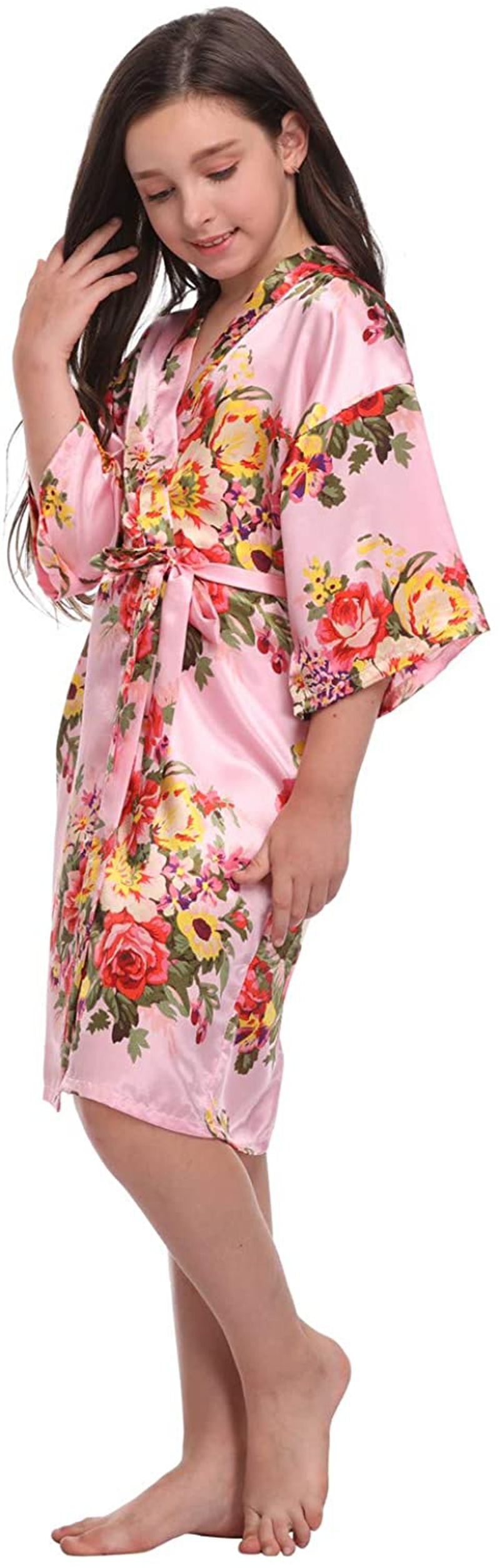 Girls Floral Satin Robes for Spa Party Flower Girl Robes Toddler Wedding Silk Robes Apparel & Accessories > Clothing > Sleepwear & Loungewear > Robes Kylie Max   
