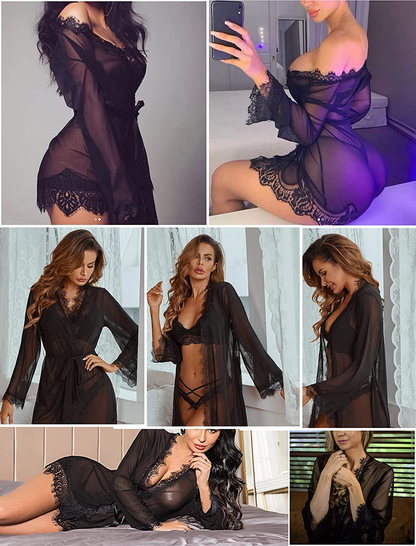 Avidlove Sexy Lace Robe Kimono Mesh Nightgown Babydoll Lingerie Set Apparel & Accessories > Clothing > Underwear & Socks > Lingerie Kylie Max   
