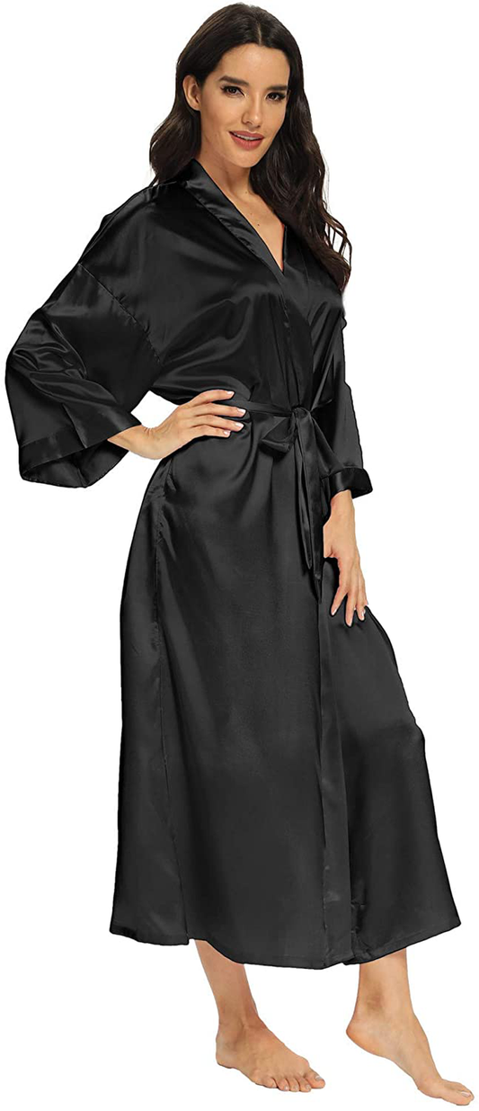 Women'S Long Silk Robes Lightweight Long Satin Robes Full Length Sleepwear Dressing Gown Apparel & Accessories > Clothing > Sleepwear & Loungewear > Robes MizzGenio Pure Black XX-Large-3X-Large Plus 