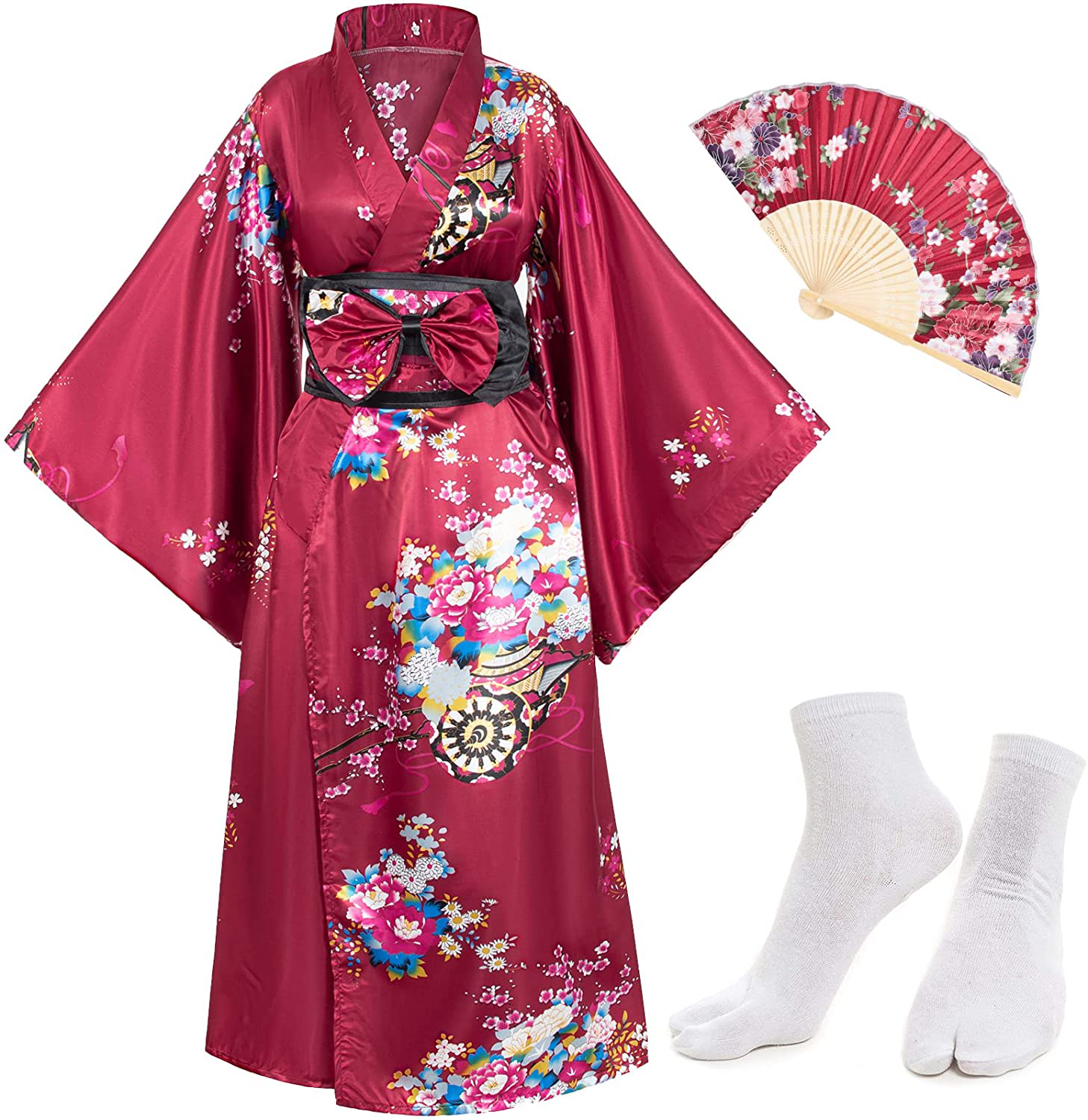 Japanese Anime Women'S Kimono Robe Geisha Yukata Sweet Dress Blossom Satin Bathrobe Sleepwear Fans Tabi Socks Set Apparel & Accessories > Clothing > Sleepwear & Loungewear > Robes Elibelle   