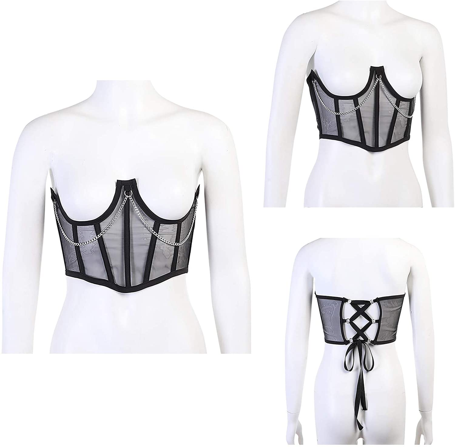 JUMISEE Women See through Mesh Lace up Bustier Corset Metal Chain Boned Overbust Waist Cincher Wide Belt Apparel & Accessories > Clothing > Underwear & Socks > Lingerie JUMISEE   