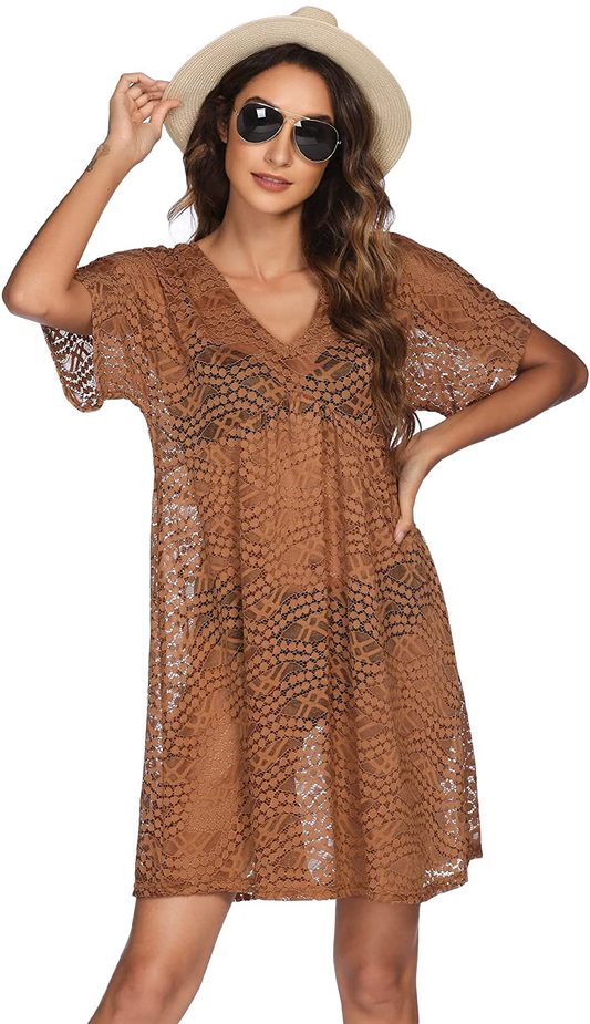 Ekouaer Women Swimsuit Cover Ups Batwing Sleeve Sheer Lace Cover up Bathing Suit Beach Dress Apparel & Accessories > Clothing > Swimwear Kylie Max Brown Small 