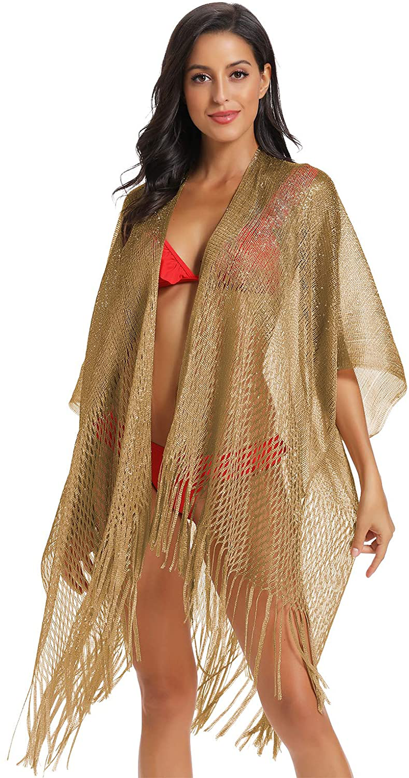 Metallic Sparkly Kimono Cardigan Swimsuit Beach Bikini Cover Ups Open Front Casual Blouse Tops Apparel & Accessories > Clothing > Swimwear Kylie Max   