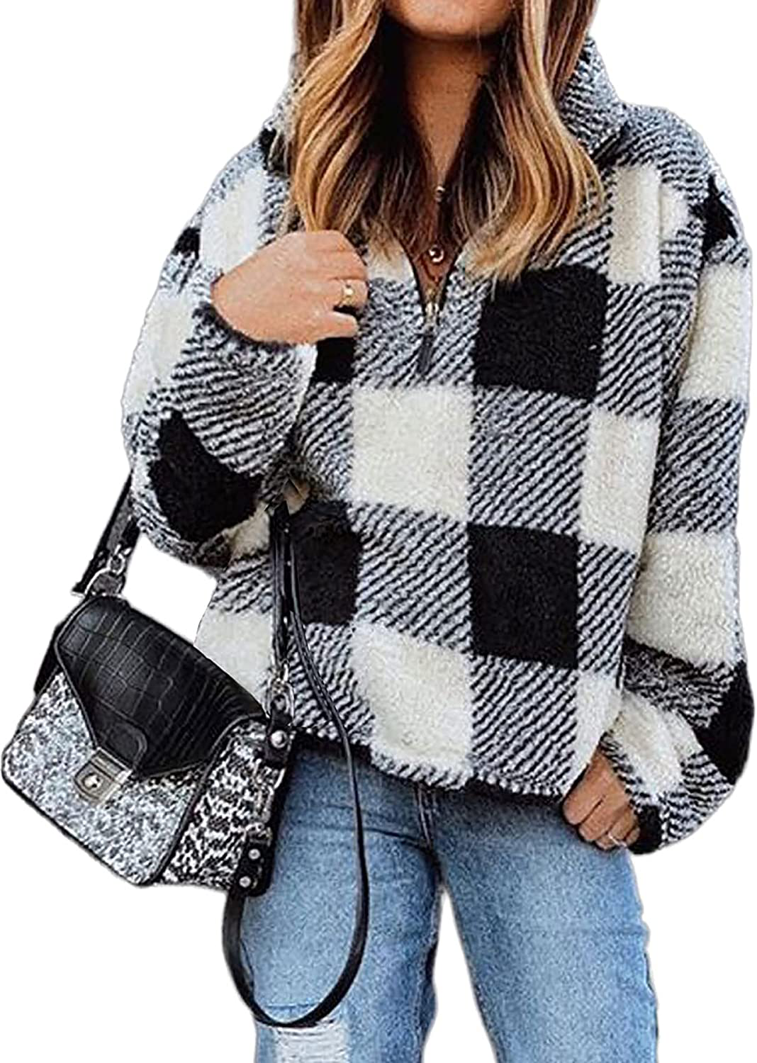 BTFBM Women Sherpa Pullover Quarter Zip Long Sleeve Fluffy Soft Fleece Jackets Sweaters Sweatshirts Hoodies Outwear Coat Apparel & Accessories > Clothing > Activewear Kylie Max   