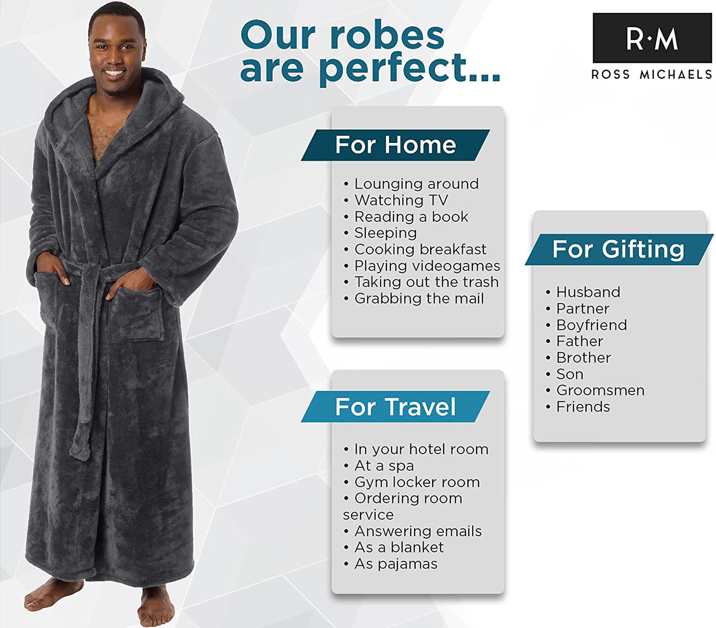 Ross Michaels Mens Robe Big & Tall with Hood - Long Plush 400GSM Luxury Fleece Bathrobe Apparel & Accessories > Clothing > Sleepwear & Loungewear > Robes Kylie Max   