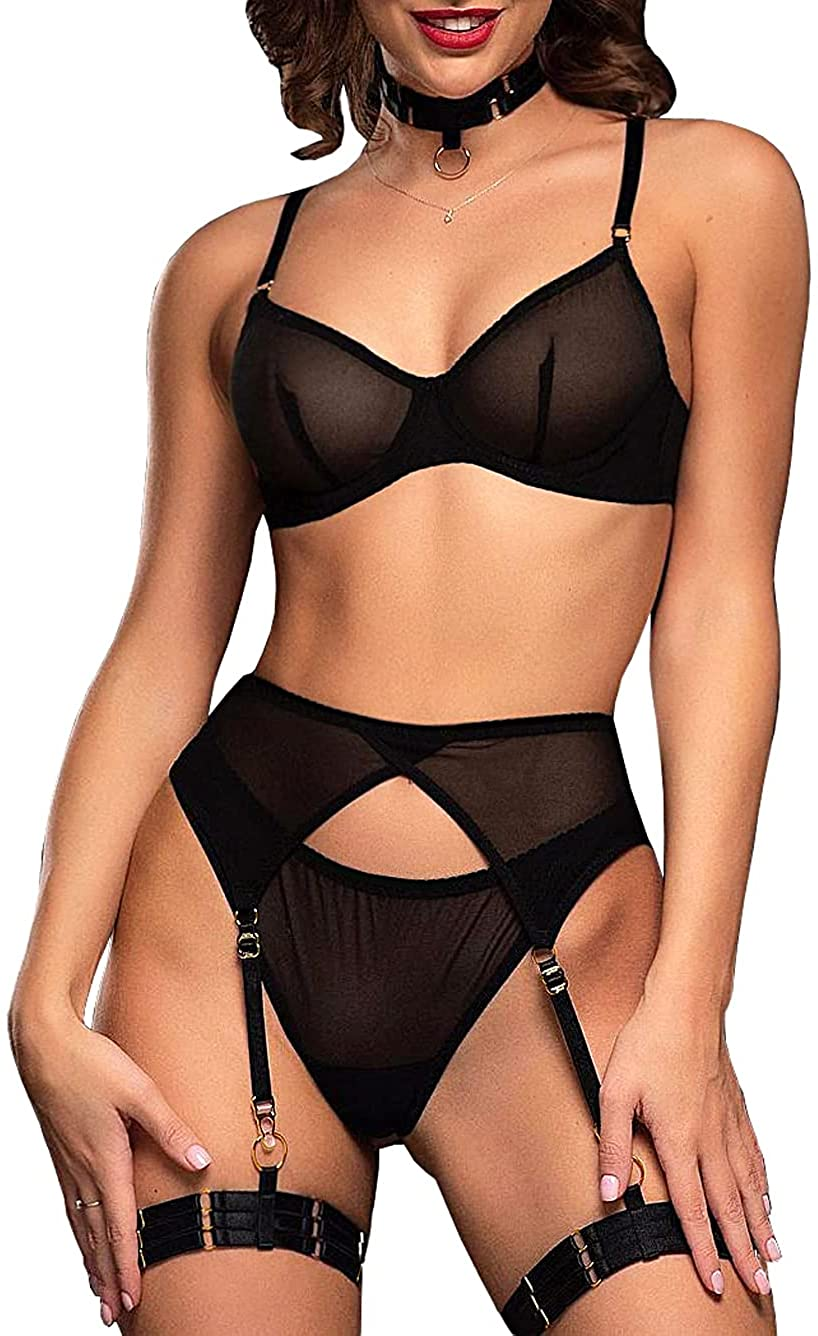 Kaei&Shi Sheer Mesh,Underwire Bra,Thong,5 Pieces,Garter Lingerie for Women Apparel & Accessories > Clothing > Underwear & Socks > Lingerie Kaei&Shi Black 2-4 