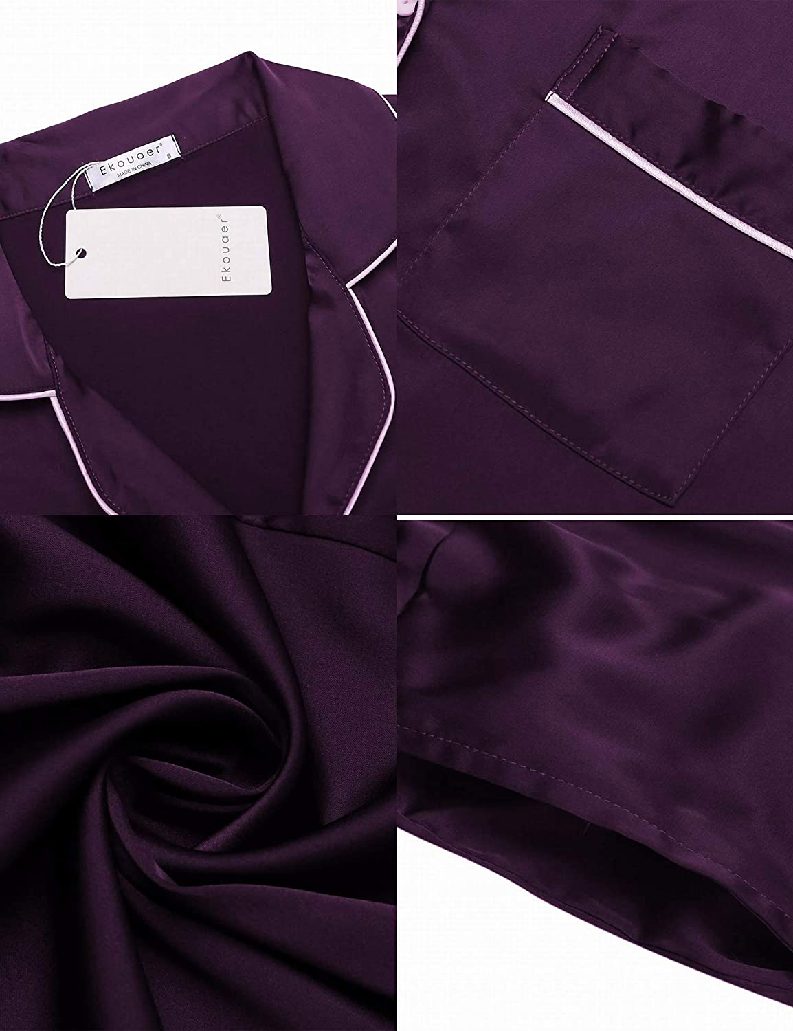 Ekouaer Satin Pajamas Women’S Long Sleeve Sleepwear Silk Soft Button down Loungewear Pjs Set S-XXL Apparel & Accessories > Clothing > Sleepwear & Loungewear > Pajamas Kylie Max   
