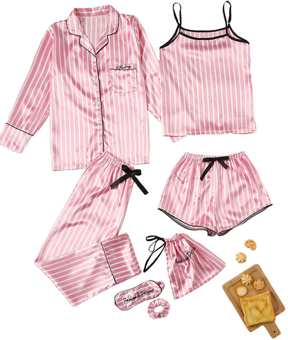 DIDK Women'S Satin 7Pcs Pajama Set Cami Pjs with Shirt and Eye Mask Sleepwear Apparel & Accessories > Clothing > Sleepwear & Loungewear Kylie Max   