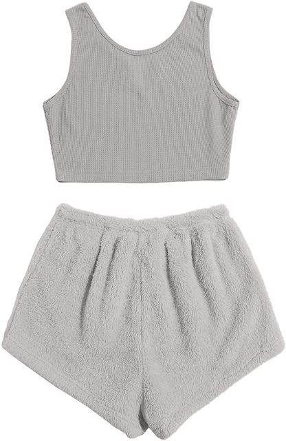 Verdusa Women'S 2 Piece PJ Set Notched Tank Top & Teddy Shorts Fuzzy Lounge Pajama Set Apparel & Accessories > Clothing > Sleepwear & Loungewear Kylie Max   