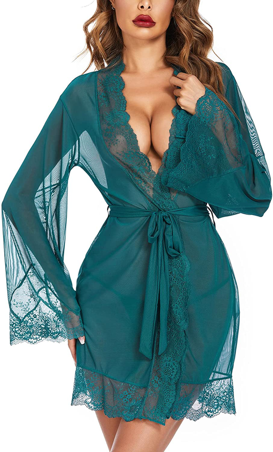 Avidlove Women Lace Kimono Robe Babydoll Sexy Lingerie Mesh Chemise Nightgown Cover Up Apparel & Accessories > Clothing > Sleepwear & Loungewear > Robes Avidlove Blue Green Large 