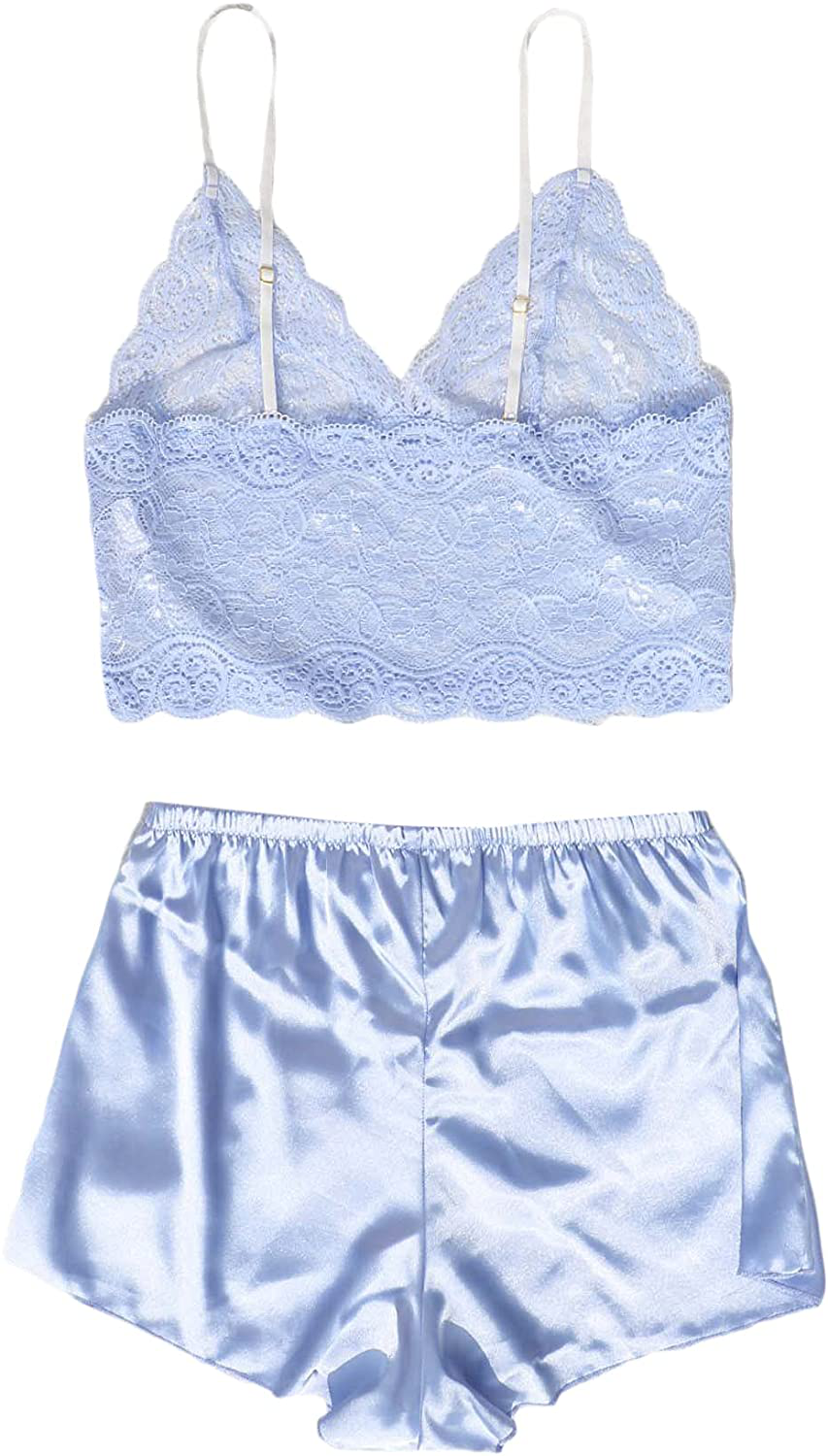 Romwe Women'S 2 Piece Satin Pajama Set Lace Cropped Cami and Shorts Pj Set Sleepwear Apparel & Accessories > Clothing > Sleepwear & Loungewear Kylie Max   