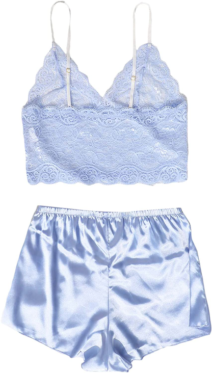 Romwe Women'S 2 Piece Satin Pajama Set Lace Cropped Cami and Shorts Pj Set Sleepwear Apparel & Accessories > Clothing > Sleepwear & Loungewear Kylie Max   