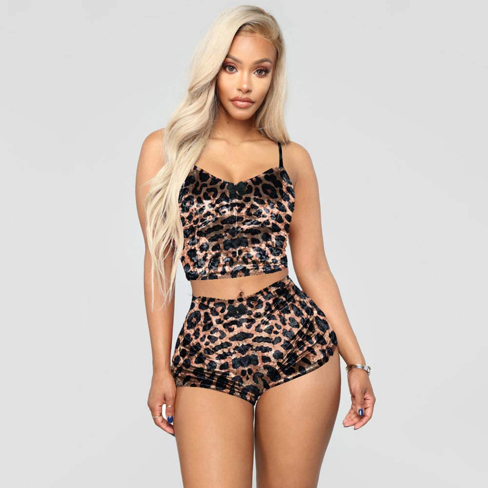 Women Sexy Velvet 2 Piece Outfit Spaghetti Strap Leopard Tie Dye Cami Crop Top + Shorts Bottom Sleepwear Pajama Set Nightwear Apparel & Accessories > Clothing > Sleepwear & Loungewear Kylie Max   
