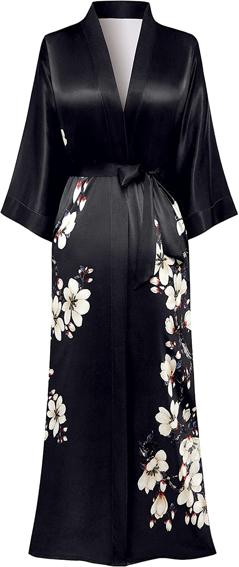 PRODESIGN Long Kimono Robe Satin Sleepwear Gradient Watercolor Silky Kimono Nightgown Bathrobe Kimono Blouse Cardigan Apparel & Accessories > Clothing > Sleepwear & Loungewear > Robes KYLIE MAX Mangnolia - Black  