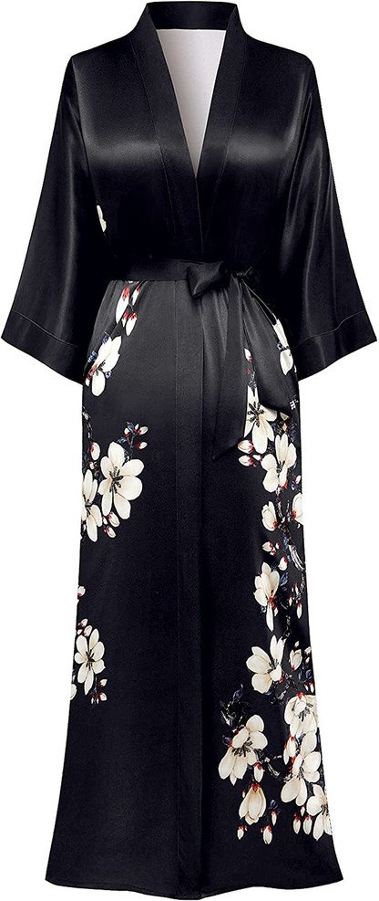 PRODESIGN Long Kimono Robe Satin Sleepwear Gradient Watercolor Silky Kimono Nightgown Bathrobe Kimono Blouse Cardigan Apparel & Accessories > Clothing > Sleepwear & Loungewear > Robes KYLIE MAX Mangnolia - Black  